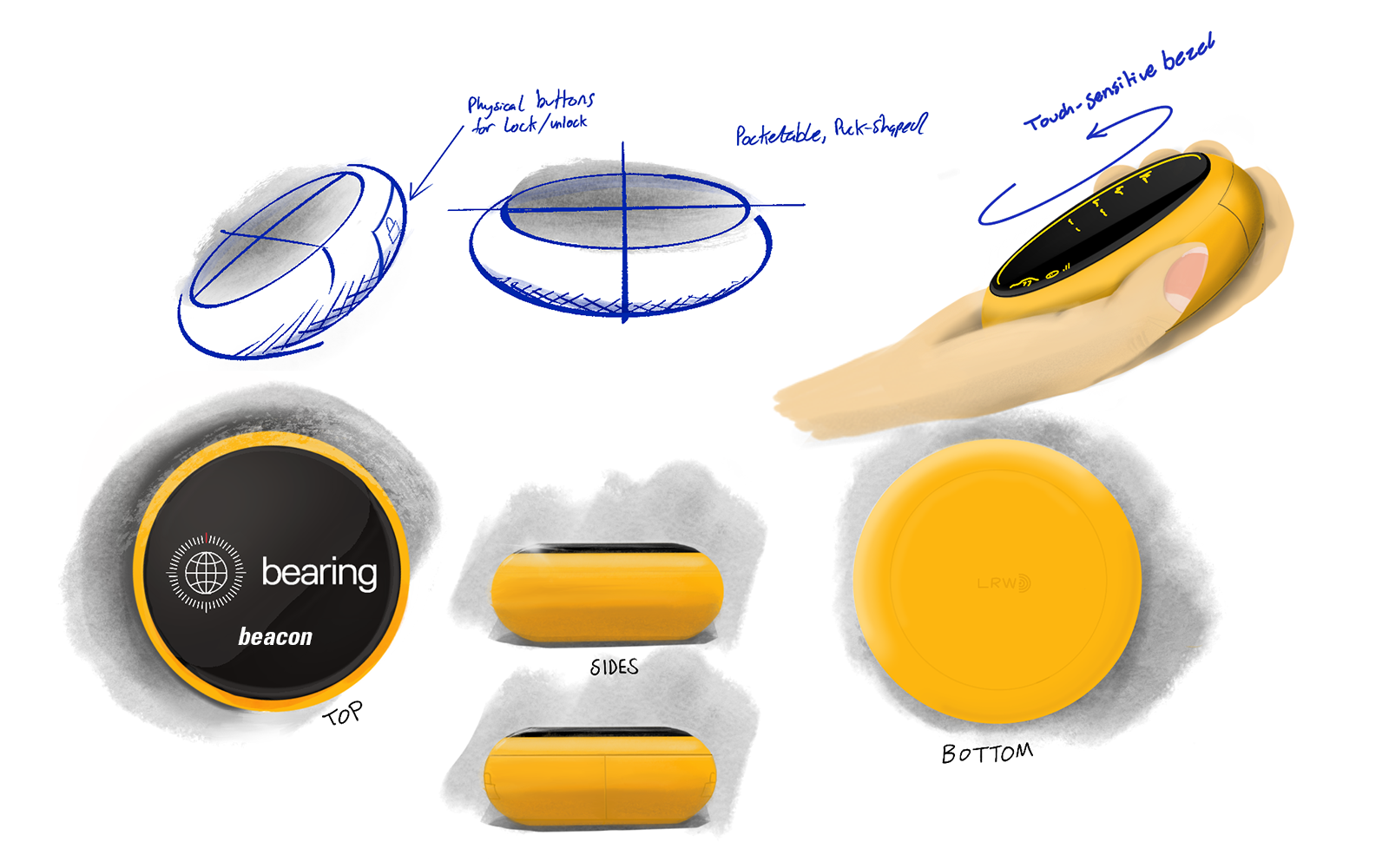 Loose digital sketches of the Beacon device alongside sketched renders showing the device in use.